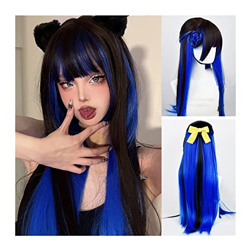 Perücken Schwarze gemischte blaue Perücke mit Pony 80 cm lange glatte Haarperücke synthetische gerade Cosplay-Perücke atmungsaktive hitzebeständige Faserperücke Party-Halloween-Verwendung Damenperücke