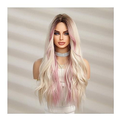 Perücken für Frauen Blonde synthetische braune gemischte rosa blonde lange gewellte Perücken mit Pony Cosplay Party UseHitzebeständige Faser for Frauen für die Tägliche Party Cosplay Tragen