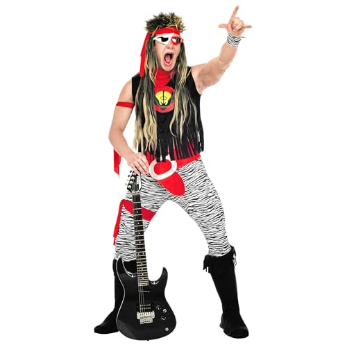 Widmann 37864 - Kostüm Rock Star, Set bestehend aus T-Shirt, Hose, Gürtel, Handgelenkbändern, Bändern, Überstiefel und Haarband, mehrfarbige Verkleidung für Herren, Karneval, Halloween