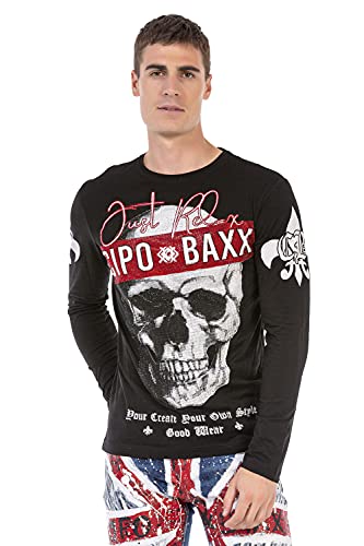 Cipo & Baxx Herren Langarmshirt Longsleeve Totenkopf Strasssteine Rundhals Design Sweatshirt CL454 Schwarz L