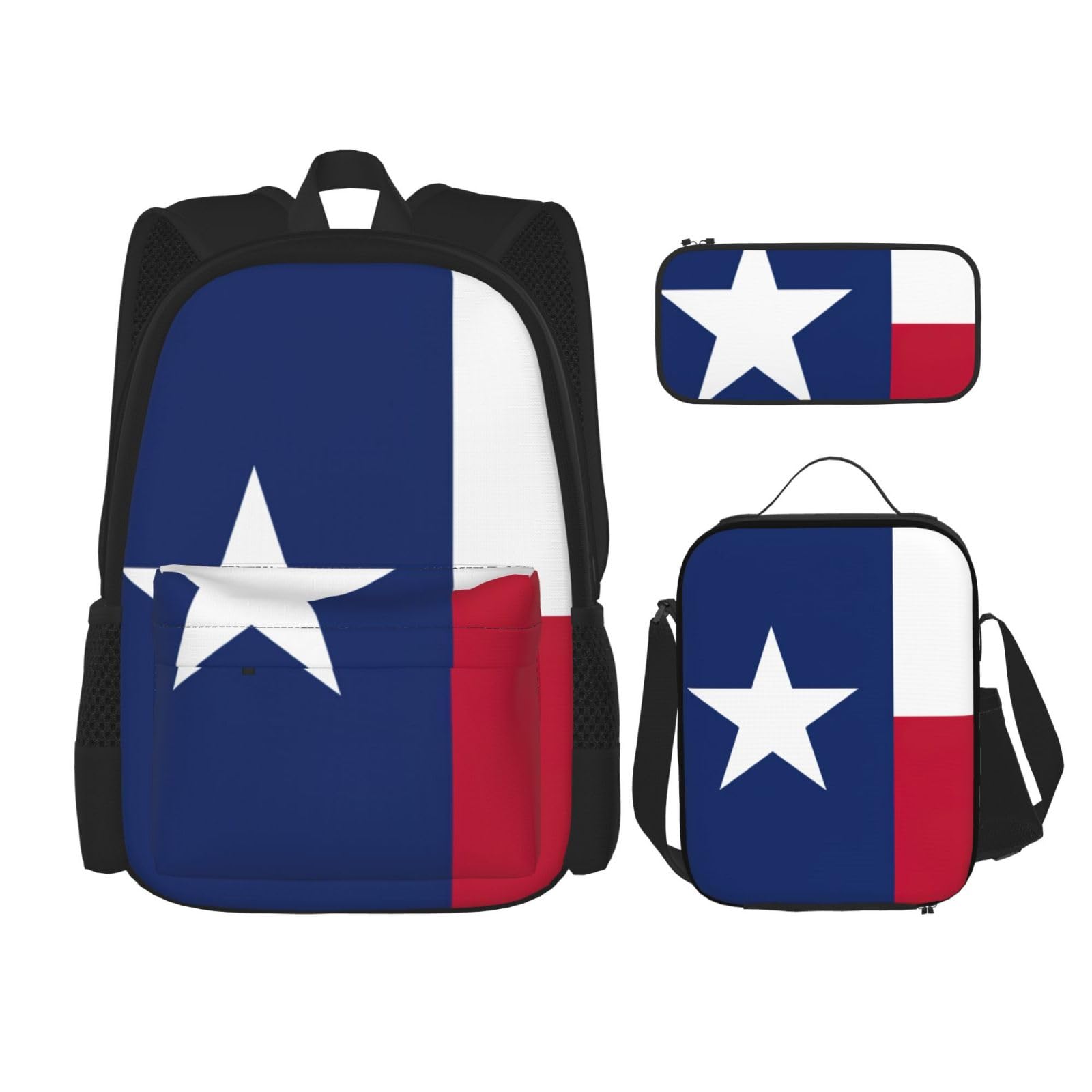 WURTON Flagge von Texas, Reise-Lunchbox, Federmäppchen, Rucksack-Set, 3-teilig, verstellbare Riemen, leicht, schwarz, Einheitsgröße, Schwarz, One Size