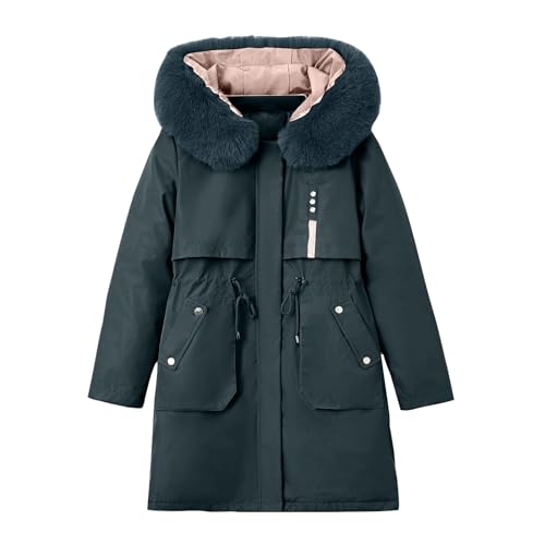 Winterjacke Damen Lang Warme Baumwolle Mäntel Steppmantel mit Fell Kapuze Übergroßer Herbst Winter Jacket Einfarbig Longjacke Wintermantel Frauen Zipper Hooide Steppjacke Übergangsmantel Hemdmantel