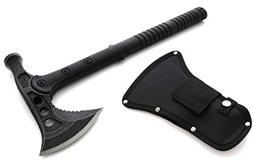 KOSxBO® Profi Tomahawk Camping-Axt Kriegs-Beil Schwarz Outdoor Survival Hammer Werkzeug Ausrüstung im Set mit Gürtelholster - BEIL TOMAHAWK