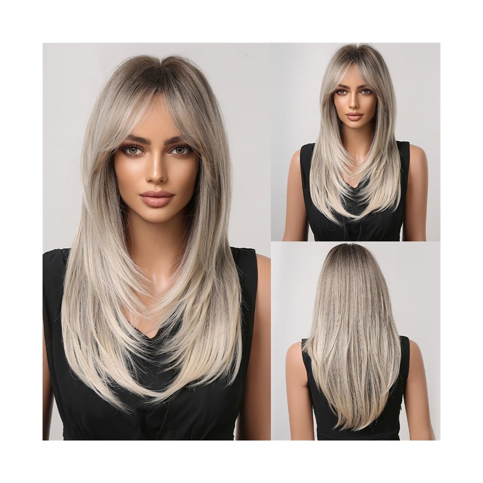 Perücken Natürliche Haare for Frauen, tägliches Cosplay, hitzebeständig, dunkelbraun, schwarz, synthetische Perücken mit Pony, mittellang, gerade geschichtet Damenperücke(Wig LC259-13)