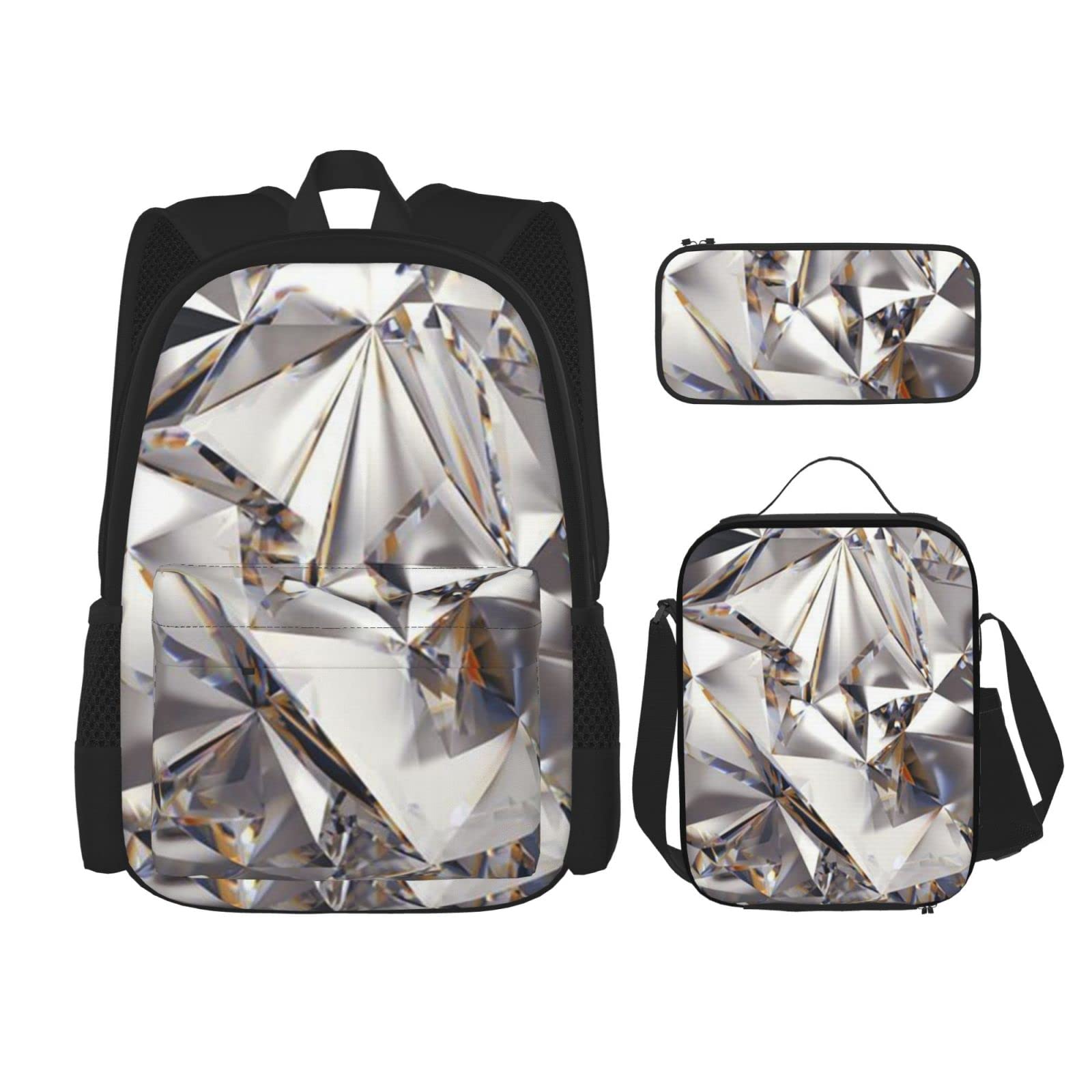 Mehrzweck-Schultasche mit niedlichem buntem Hundepfoten-Design, mit passendem Federmäppchen und Lunch-Tasche, stilvolle All-in-One-Lösung, Glitzer, abstraktes Diamant-Kristallmuster, Einheitsgröße