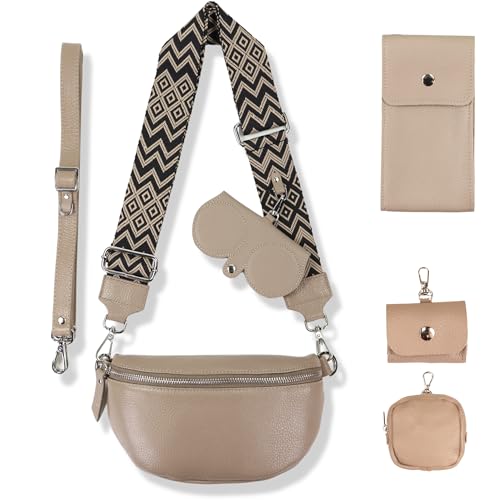 Blade Bauchtasche Damen Echtleder, stylisch Umhängetasche Damen, Crossbody Bag Damen mit 2 Gurten mit Komplettset (Brille Etui+Handytasche+Portemonnaie+AirpodsPROEtui) Beige (Klein/Opt-8)