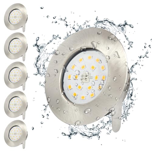 LED Einbaustrahler 5W IP44 Badezimmer 30mm Flach LED Spot Rund Nickel Einbauspots 230V Warmweiß 500lm, Nicht Dimmbar, 6er Pack