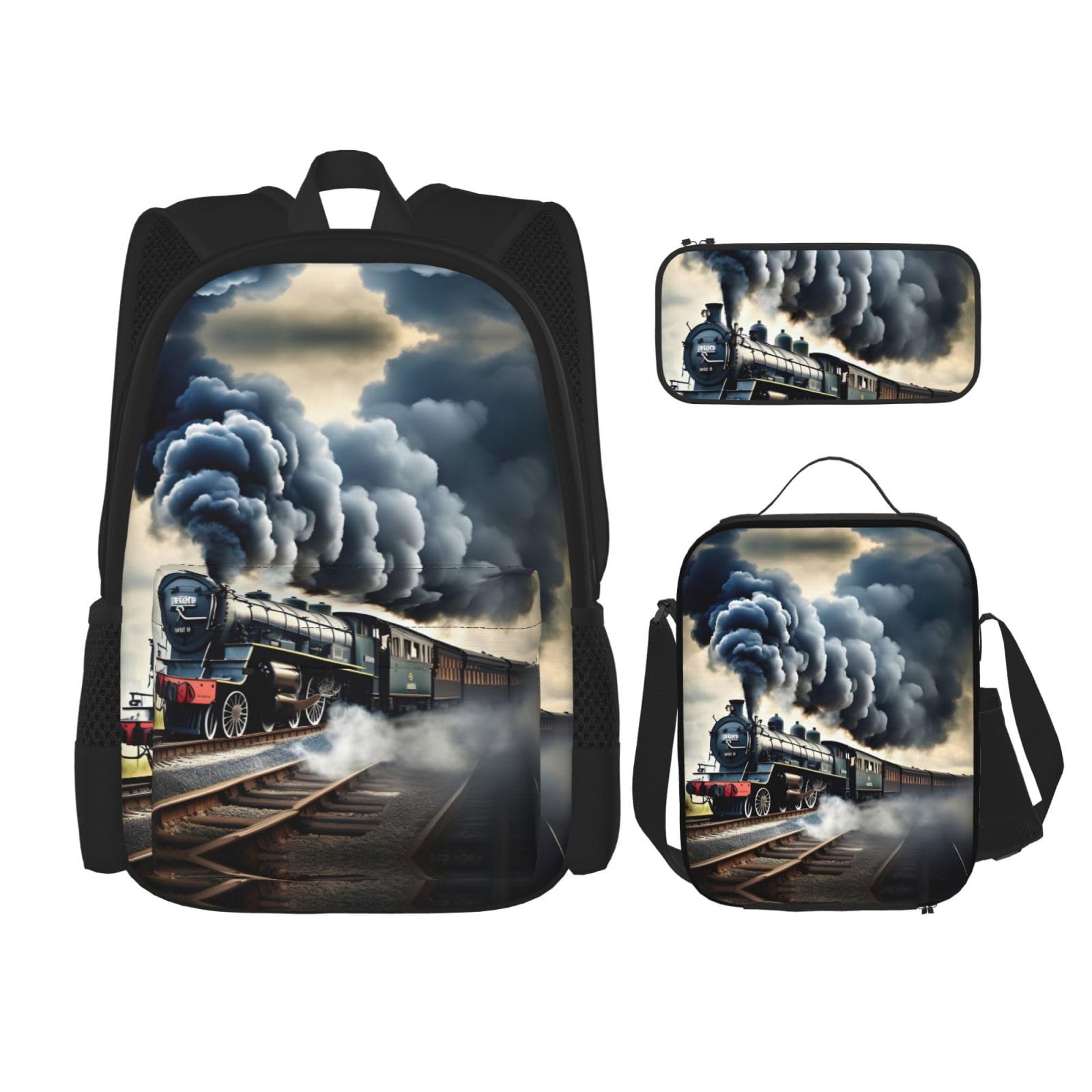 WURTON Dampfzug Wolken Druck Lunchbox Federmäppchen Rucksack Set 3 Stück Verstellbare Träger Langlebig Leicht Schwarz Einheitsgröße, Schwarz , Einheitsgröße