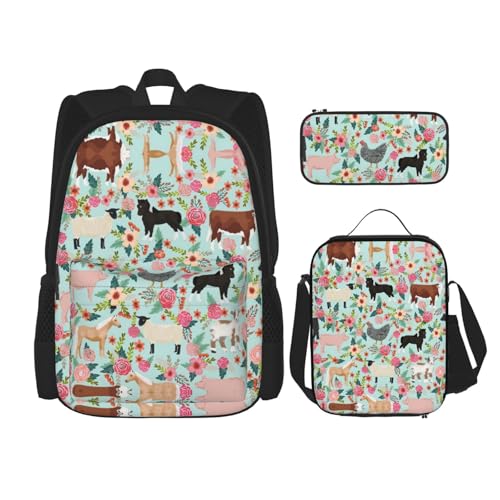 WURTON 3-in-1 Büchertaschen-Set, verstellbar, Schulter-Rucksack, Lunch-Tasche, Federmäppchen, Beutel, Box, Schwarz, Einheitsgröße