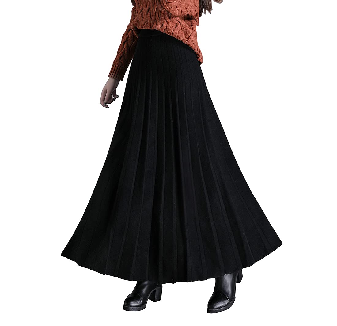 Damen Lang Strickrock Hohe Taille Winter Warm Elegante Vintage Elastische Taille A-Linie Maxi Rock Faltenrock M