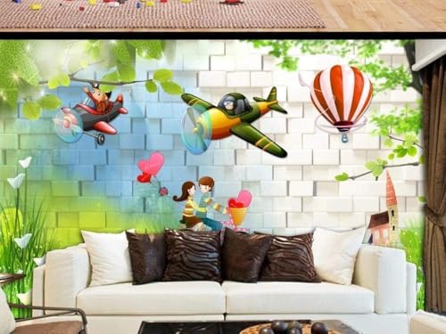 Cartoon Flugzeug Heißluftballon Backsteinmauer 3D Tapete Poster Restaurant Schlafzimmer Wohnzimmer Sofa TV Dekorative Wand-150cm×105cm