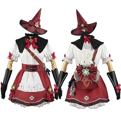 RUIZE Genshin Impact Klee Cosplay-Kostüm mit Hut, Genshin Spielfiguren-Kostüm, komplettes Set mit Hut/Kopfschmuck/Rucksack, für Damen und Mädchen, Halloween, Rot, Größe L