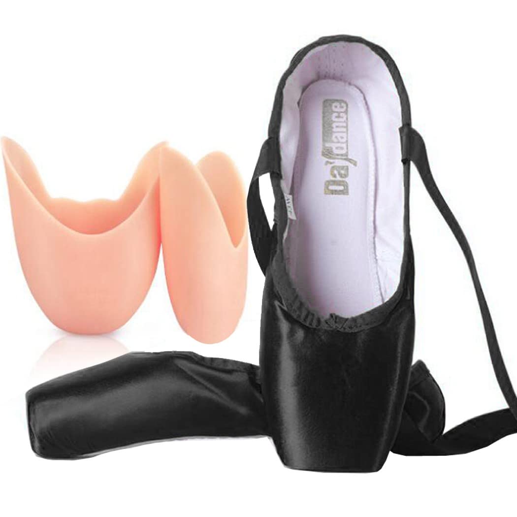 ZESLIV Ballettschuhe mit Silikon Zehenpads für Mädchen Kinder Damen Schwarz Satin Spitzenschuhe Tanzschuhe Ballettschläppchen Gr.31-43