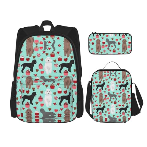 WURTON Pudel Hunde Druck Rucksack Mädchen Jungen Schultaschen Teenager Lunchbox Und Federmäppchen 3 In 1 Büchertaschen Set