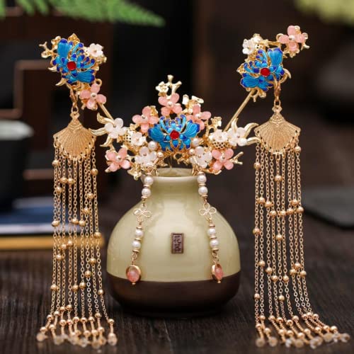 Haargabel, Haarstäbchen, Haarspangen for Frauen, chinesisches Hanfu-Haar-Accessoires-Set, lange Fransen, Vintage-Haarnadeln, Blume, handgefertigte Haarstäbchen for Frauen, traditioneller Retro-Schmuck