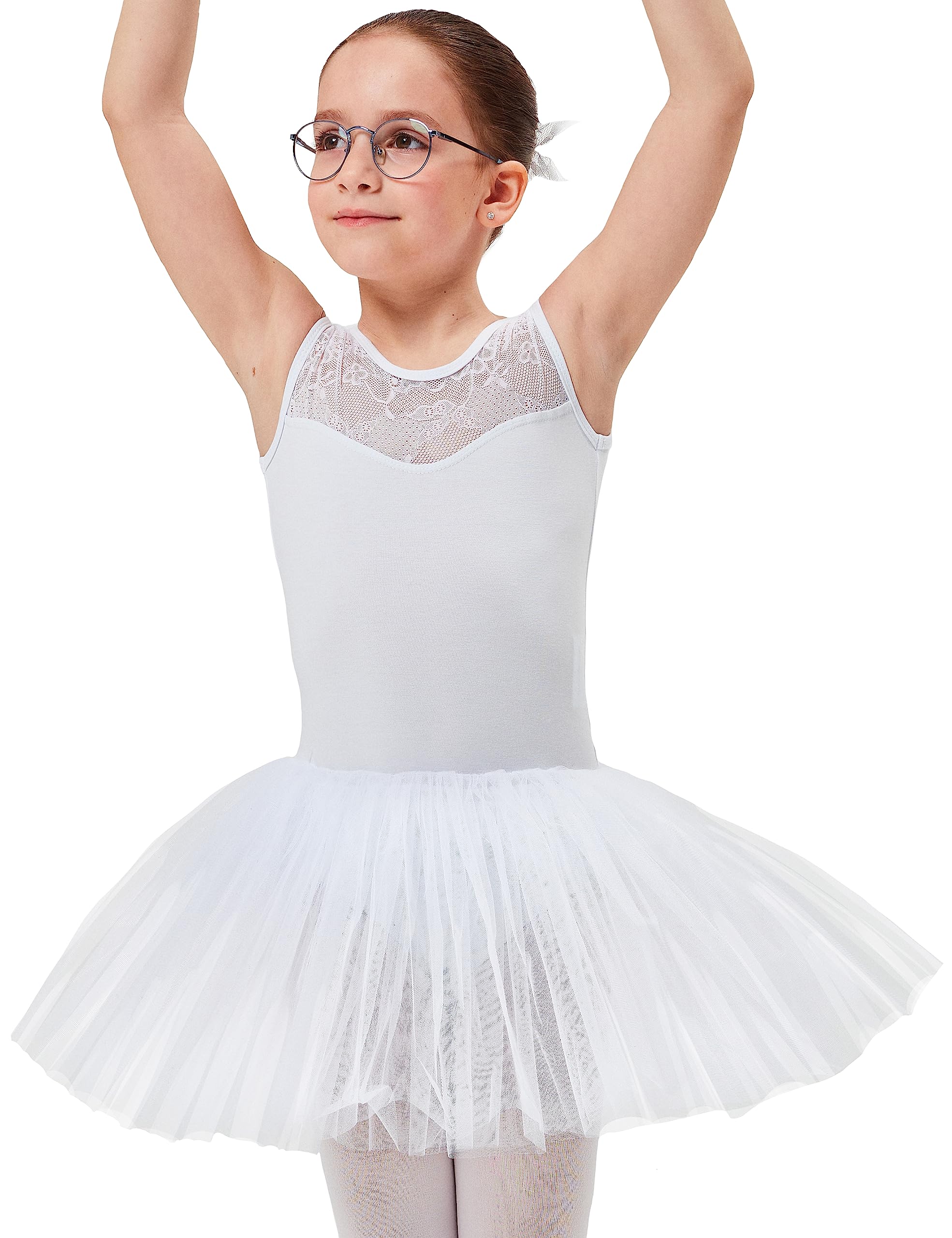 tanzmuster ® Ballettkleid Mädchen Tutu - Lottie - aus weichem Baumwollmaterial mit Spitzeneinsatz vorn und Tuturock Trikot fürs Kinder Ballett in weiß, Größe:152/158