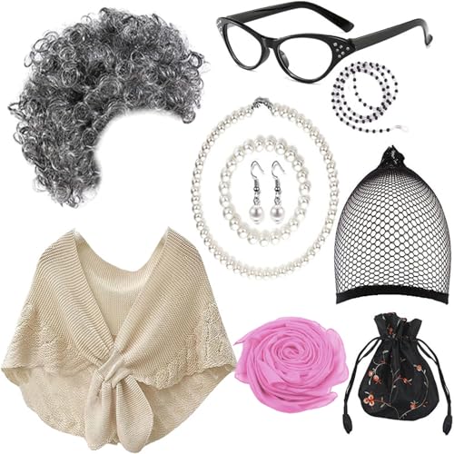 Ranuw Alte Dame Kostüm Set Graue Perücken Künstliche Ohrringe Brille Frauen Alte Dame Rollenspiel Dress Up Zubehör Cosplay Kostüm Anzug