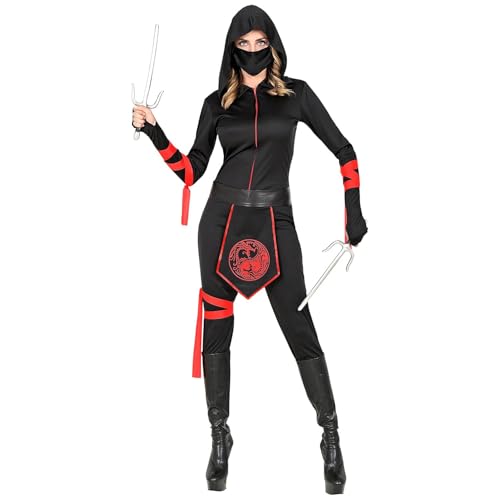 Widmann 30059 Kostüm Ninja, Overall mit Kapuze, Gesichtsmaske, Gürtel, Armschnüre, Beinschnur, japanische Kämpferin, Mottoparty, Karneval, Fasching, Damen, Mehrfarbig, XS