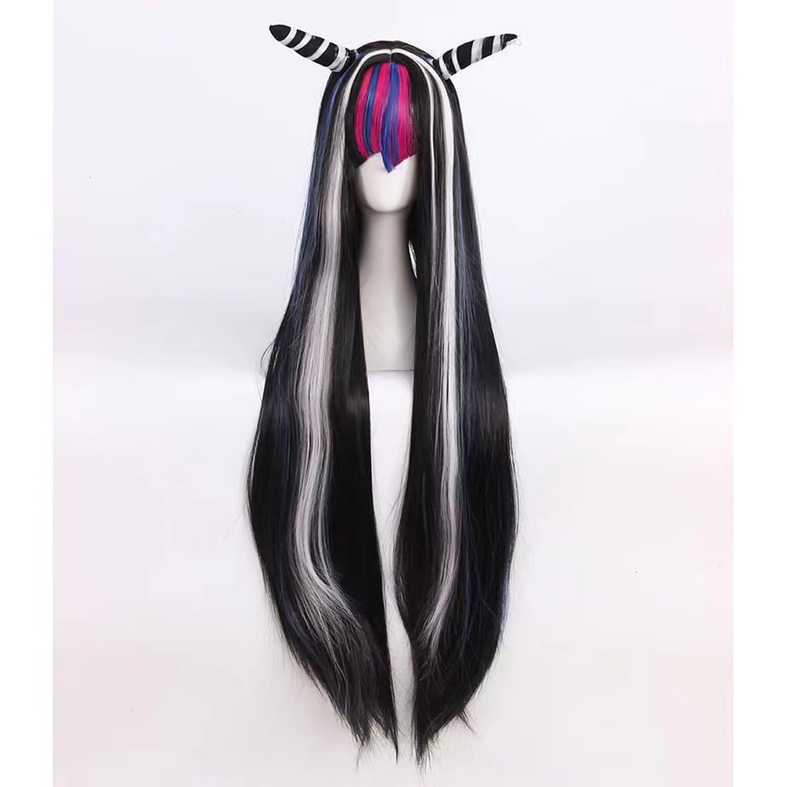 WCCNKK Danganronpa Mioda Ibuki Cosplay Perücke Rot-Schwarz-Blaues Langes Glattes Haar Comic Rollenspielperücken + Perücke Kappe, Geeignet Für Halloween-Party, Nachtleben, Anime-Geschenk