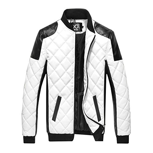 Herren PU Lederjacke Zipper Stehkragen Jacke Kunst-Lederjacke Bikerjacke Weiß 3XL