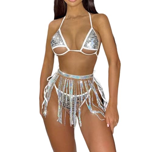 Zdprkqzvz 3-teiliges Glitzerndes Triangel Set Für Damen Mit Quastenrock Neckholder Oberteil Und Verstellbarer Unterseite Mit Seitlicher Bindung