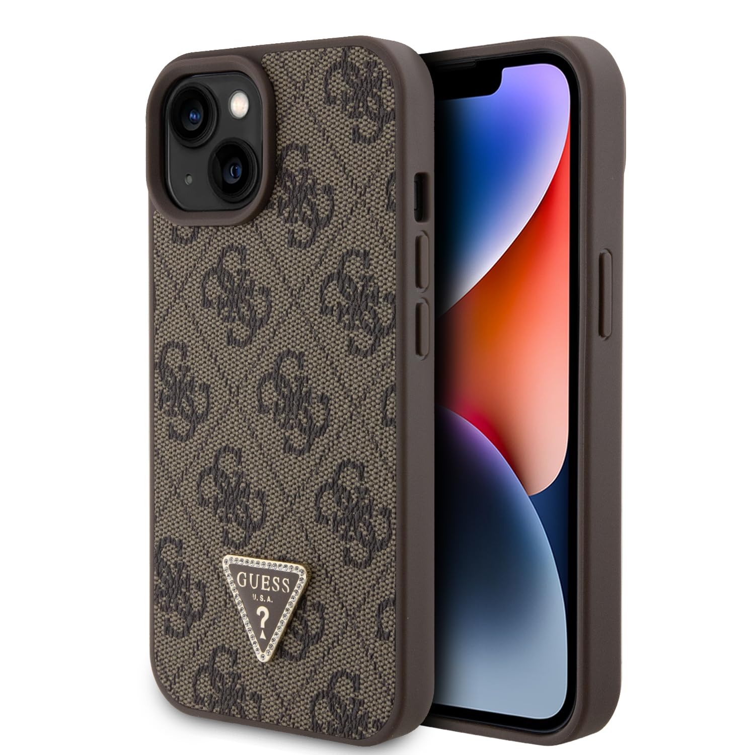 GUESS GUHCP15SP4TDPW Hülle für iPhone 15 6.1" braun hardcase Leather 4G Triangle Strass