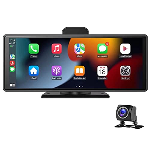 10 Zoll Wireless Apple Carplayer und Android Auto Parkmonitor Tragbarer Touchscreen Autoradio DVR mit Bluetooth/FM Transmitter/Rückfahrkamera für alle Autos