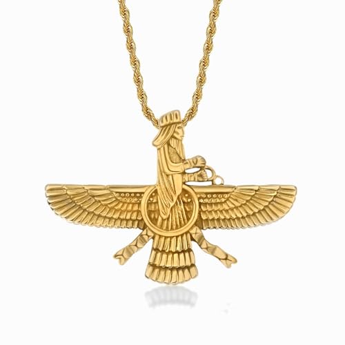 GZHENGZG Herren Halsketten und Damenschmuck Punk Faravahar Ahura Mazda Zoroastrische Anhänger Halskette für Männer und Frauen, goldene Farbe, gedrehte Seilketten, Schmuck Geschenk Geschenk