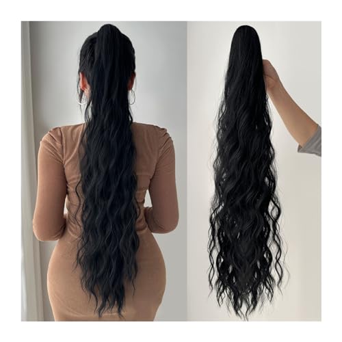 Pferdeschwanzverlängerung Extensions, weich, natürlich, mehrfarbig, 81,3 cm, Pferdeschwanz-Verlängerung, lockiges Haar, Wasserwelle, Clip-in-Haar Pferdeschwanz-Haarteile(Schwarz)