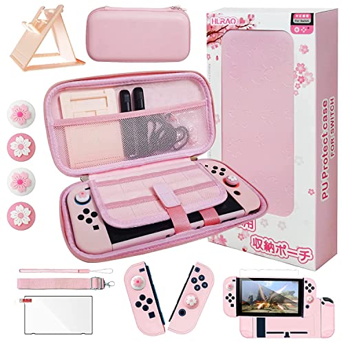 HLRAO Rosa Reisezubehör Set Tasche Kompatibel mit Nintendo Switch,Sakura-Design Aufbewahrungstasche case,mit Harter Schutzhülle, verstellbarem Ständer,HD Glas-Displayschutz und Daumengriff.【10-in-1】