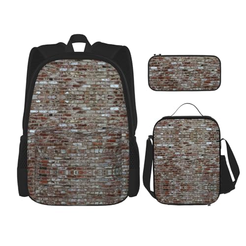 WURTON Rucksack für Mädchen und Jungen, Motiv: Ziegelstein-roter Stein-Druck, Schultaschen, Teenager, Lunchbox und Federmäppchen, 3-in-1-Büchertaschen-Set