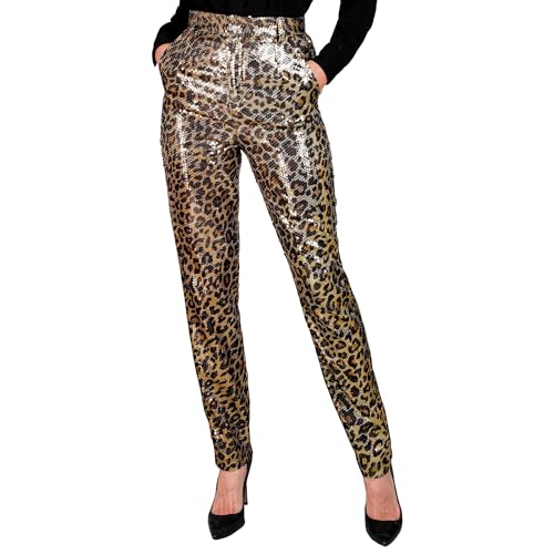 Widmann - Party Fashion Paillettenhose für Damen, Leopardenmuster, Disco Fever, Schlagermove, Damenhose