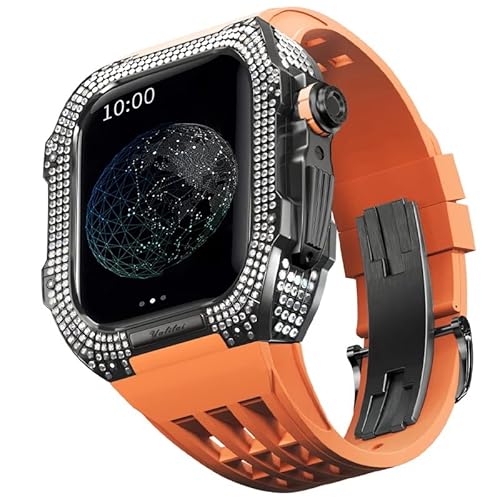 KANUZ Gummiarmband, Lünette aus Titanlegierung für iWatch SE/4/5/6, Apple Mod Watch-Zubehör, Ersatzarmband aus Edelstahl für iWatch SE-Serie 44 mm (Farbe: Orange 3, Größe: 44 mm)