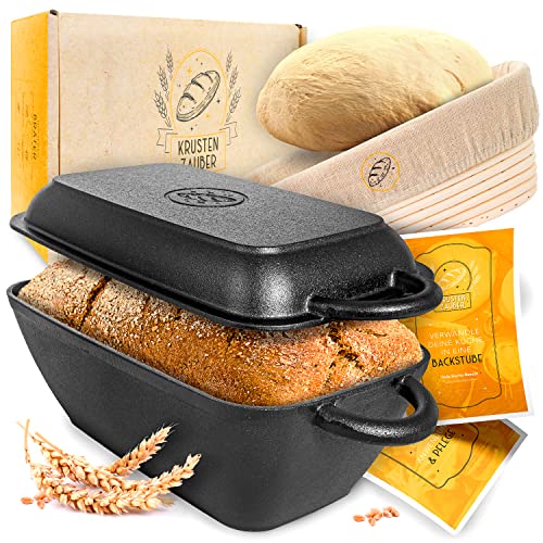 KRUSTENZAUBER 28cm Gusseisen Bräter mit Deckel backofengeeignet inkl. Gärkorb - eckiger Topf Brot Backen - Ideal als Ofenform, Induktion, Brotbacktopf, Zubehör