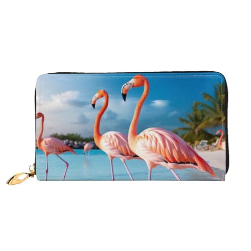 DENMER Lila Blume Leder Geldbörse Kunstleder mit metallischem Reißverschluss geräumiges und stilvolles Accessoire für moderne Frauen Produkt, Rosa Flamingo am Strand, Einheitsgröße, Modern