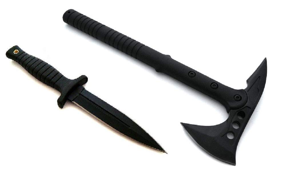 VIKING GEAR® XXL Set - Tomahawk mit Messer inklusive Etui - Black Thor Edition - Axt - Beil - scharfes Kampfmesser - Dolch -Stiefeldolch - Security Ausrüstung, Notfallausrüstung, schwarz