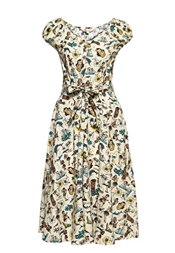 Queen Kerosin Damen Swing Kleid | Tropischer All-Over-Print | Sommerkleid | Hawaii | Sommerkleid | Tropical | Vintage | Rockabilly | Rockabella Hawaii