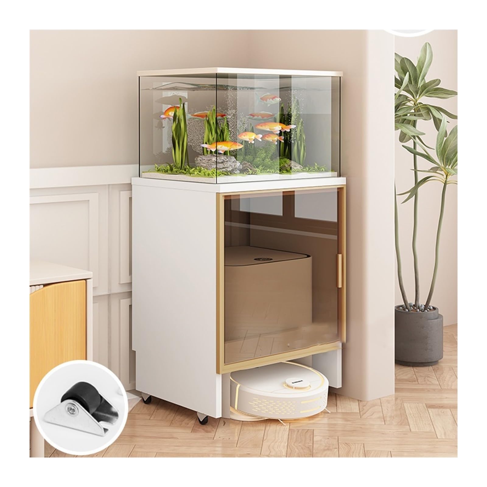 FUHAI-666 Home Kehrroboter Aufbewahrungsschrank Regal Abnehmbarer Fischtankschrank mit Rädern Kehrroboter Regal Sideboard(White Cabinet+Gold Frame)