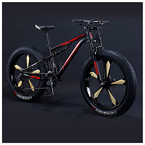 REOTEL 26 Zoll Mountainbike Herren Damen Mountainbike Fatbike, 7/21/24/27/30 Gang-Schaltung Erwachsene Fette Reifen Fahrrad, Rahmen Kohlenstoffstahl Vollfederung Bike,Black 5 Spoke,27 Speed