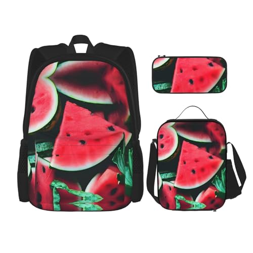 WURTON Lunchbox, Federmäppchen, Rucksack-Set, 3-teilig, verstellbare Riemen, langlebig, leicht, mit Wassermelonen-Druck, Rot, Schwarz, One Size