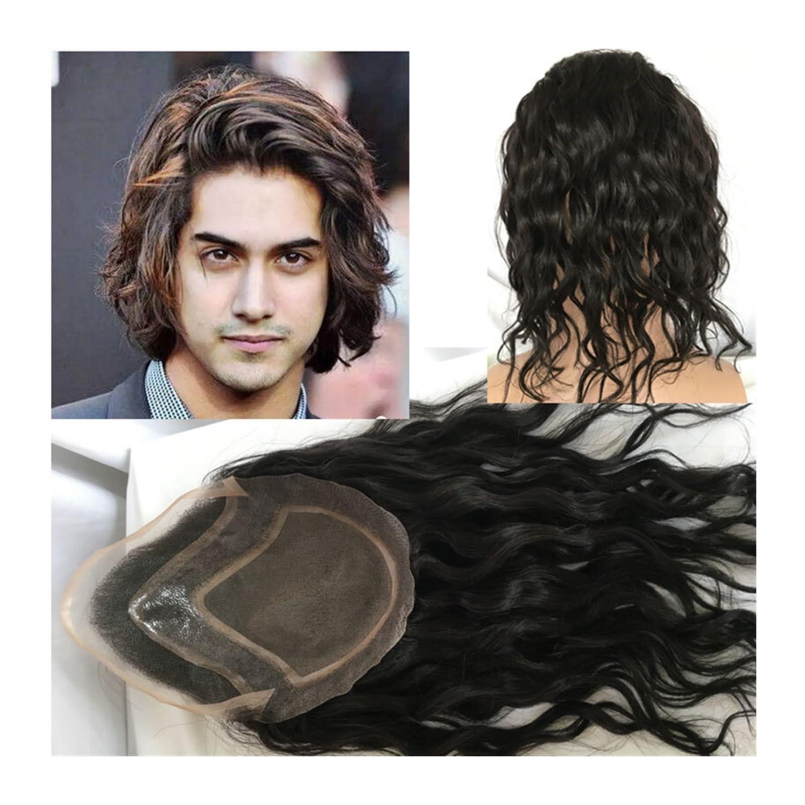 Perücke Männer Natürlich gewelltes, lockiges Toupet, schwarzes Männerhaar, Toupet for Männer, lange Haare, Herrenperücken, 12-Zoll-Menschenhaarperücken for Männer, 8 x 10 europäisches Haar Toupet für