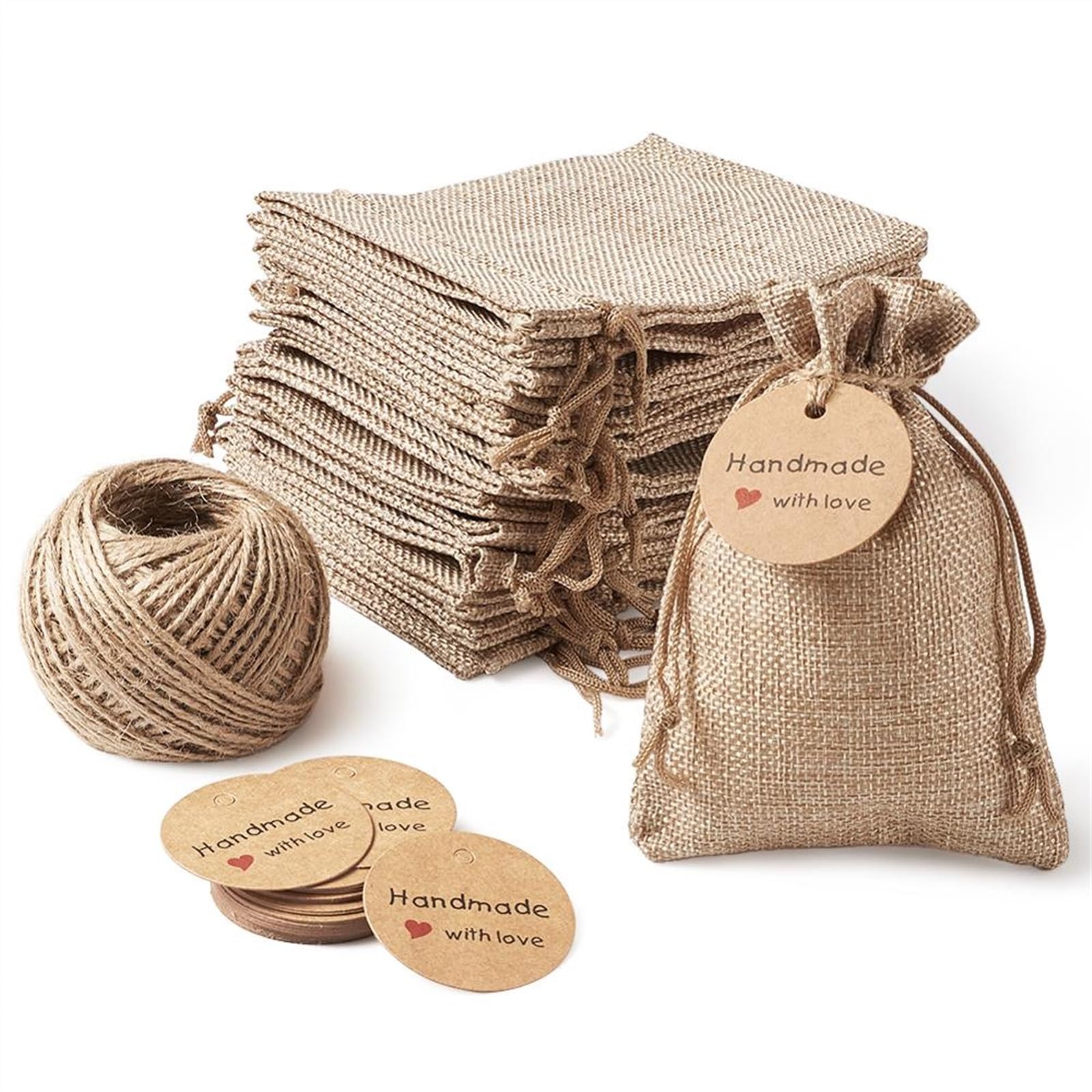 Crepundia Jute Beutel mit Kordelzug, 30 stücke Kordelzug Sackleinen Taschen Geschenk Verpackung Beutel Kraftpapier Preis Tags Hanfkabel Schnur für Schmuck Display Hochzeit Favoriten Tasche(Burlywood)