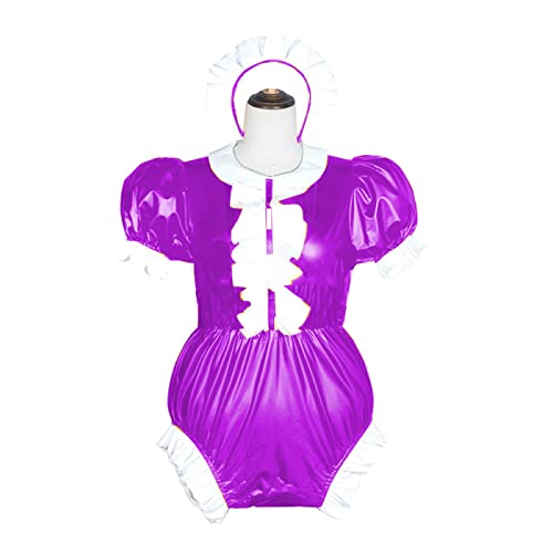 Damen-Body mit Wetlook, PVC, Rollkragen, Bodysuit, Leder, Puffärmel, Overall, Rosenviolett, XS