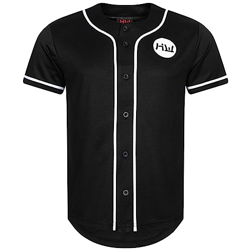 HIDETOSHI WAKASHIMA® BC Kiyota Herren Shirt im Baseball Trikot Design mit Durchgehender Knopfleiste, abgerundetem Saum und kurzen Ärmeln. In S bis 3XL (as3, Alpha, l, Regular, Regular, schwarz)