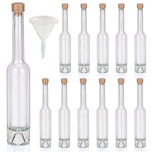 Flaschen Set 12 x 100ml hochwertige kleine Glasflaschen leer mit Korken Schrumpfkapseln & 1 Trichter zum selbst Befüllen mit Whisky Gin Likör Whiskyflaschen Ginflaschen Likörflaschen Schnapsflaschen