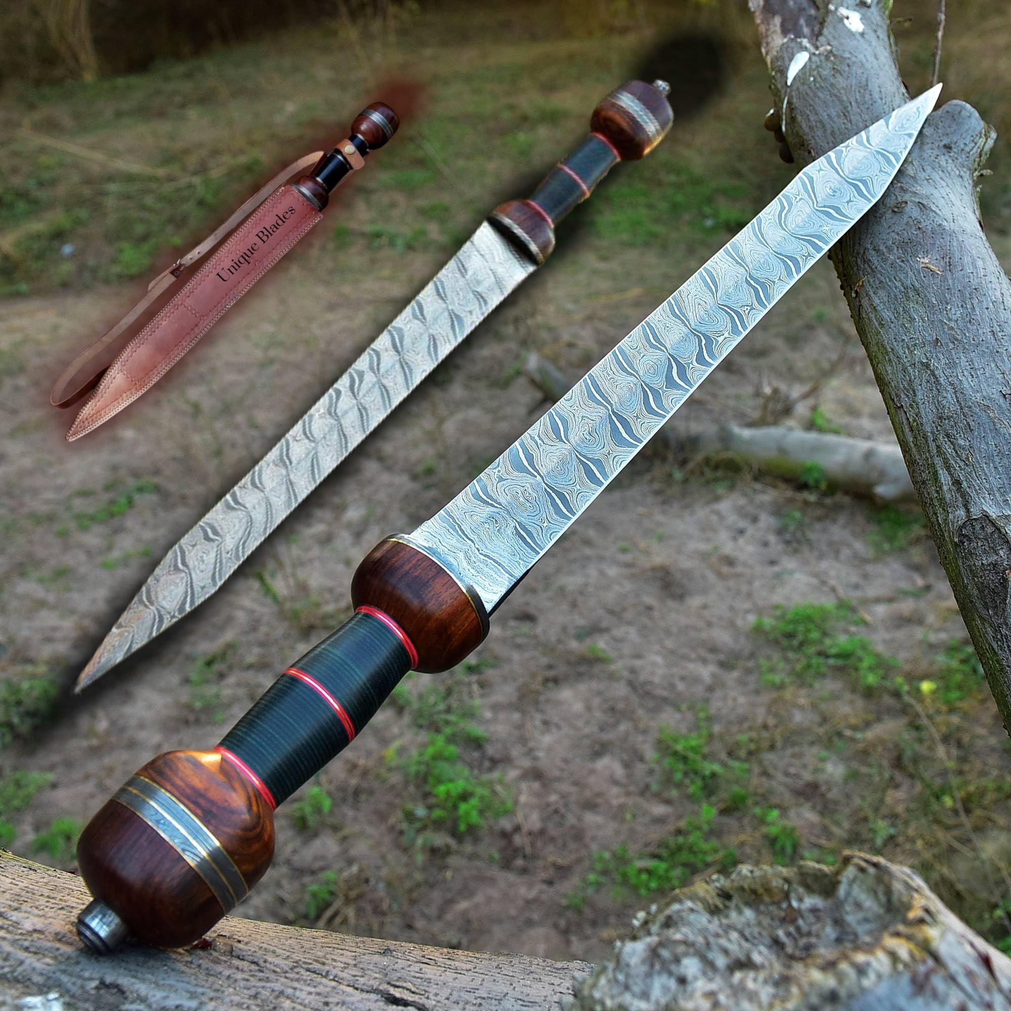 UNIQUE BLADES Schwert - 27 Zoll Damaststahl - Battle Ready-Roman Gladius Schwert "Full Tang" Cosplay/Rasiermesserscharf mit Scheide