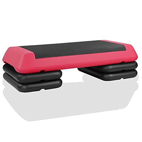 FUNJEPE Höhenverstellbarer Aerobic-Stepper für Fitness und Training, 3 Stufen, mit 4 Erhöhungen, verstellbar, 10 cm/15 cm/20 cm, für drinnen und draußen, Rot