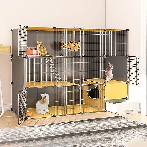 Katzenkäfige für den Innenbereich, großer Katzenkäfig mit Katzentoilette, DIY-Katzenlaufstall, Katzengehege, Abnehmbarer Drahtzwinger, Kleintierkäfige, großer Auslauf, ideal für Katzen (Größe: 147 x