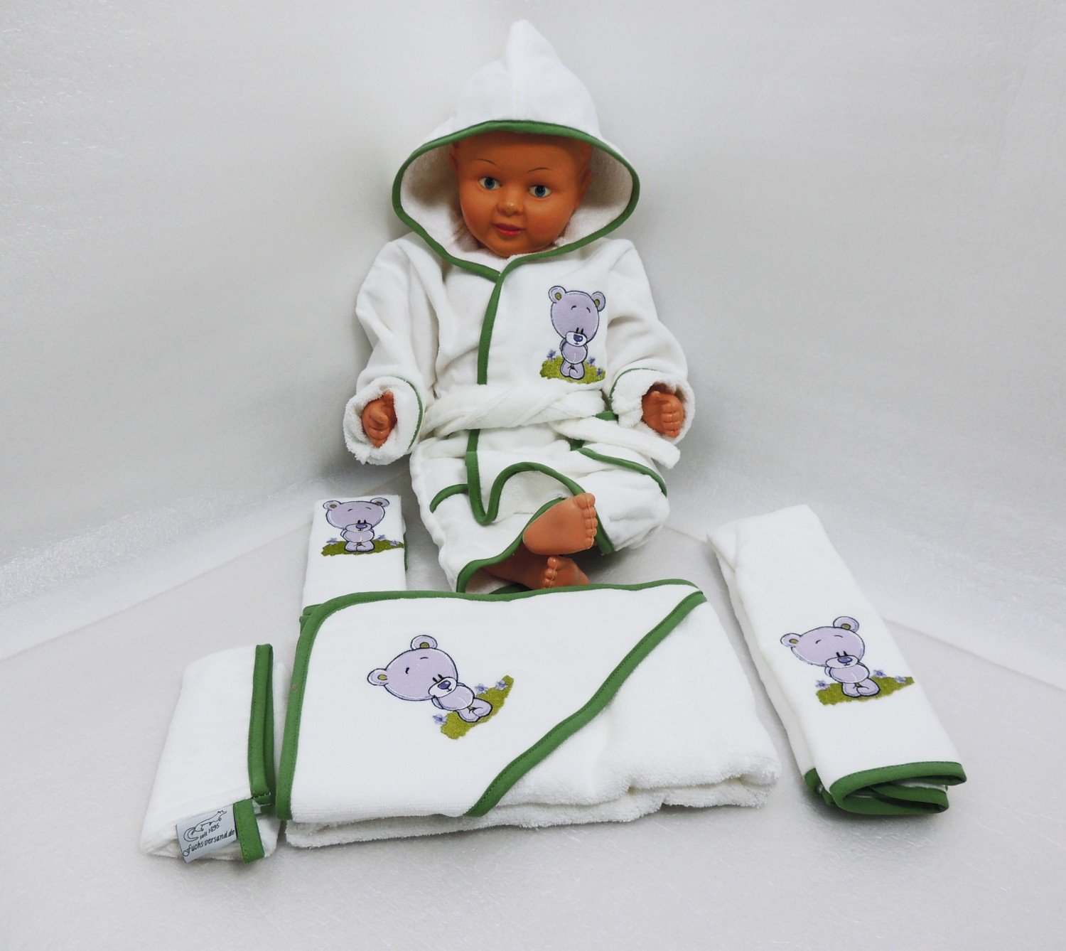 Baby Handtuch Set mit Bademantel Bär-Motiv in weiß - grün 5-teilig 100% Baumwolle