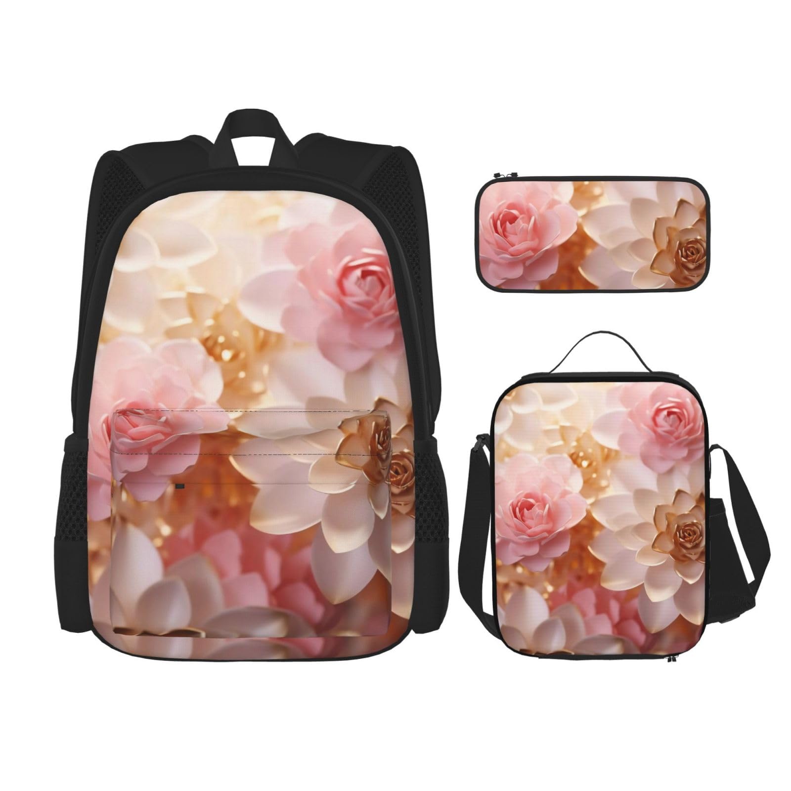 DENMER Mehrzweck-Schulranzen mit Leopardenmuster und passendem Federmäppchen und Lunchtasche - Ihre stilvolle All-in-One-Lösung, Rosa / Weiß / Gold Blumen, Einheitsgröße